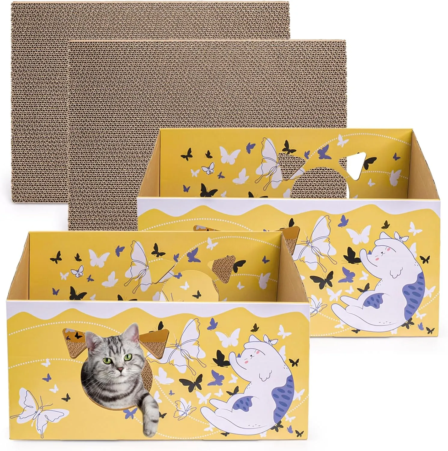 2 Pack Cat Scratcher Box, 16.5 Inch Indoor Corrugated Cardboard Lounges, Reversible Double Sided Scratch Bed with 2 PCS Scratching Pads, Large Cat Scratcher Bowl for Kitten Interactive Play