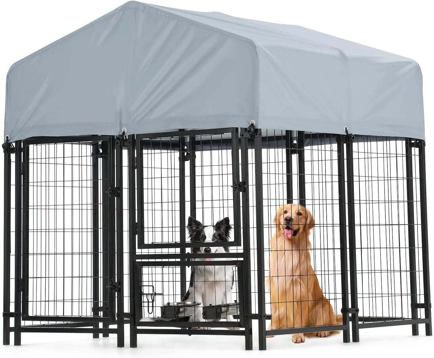 4x4x5 FT Outdoor Dog Kennel for Large Dogs, Heavy Duty Welded Wire Steel Dog Playpen Fence with Rotating Feeding Bowls, Pet Pen with UV-Resistant Waterproof Roof Cover for Outside
