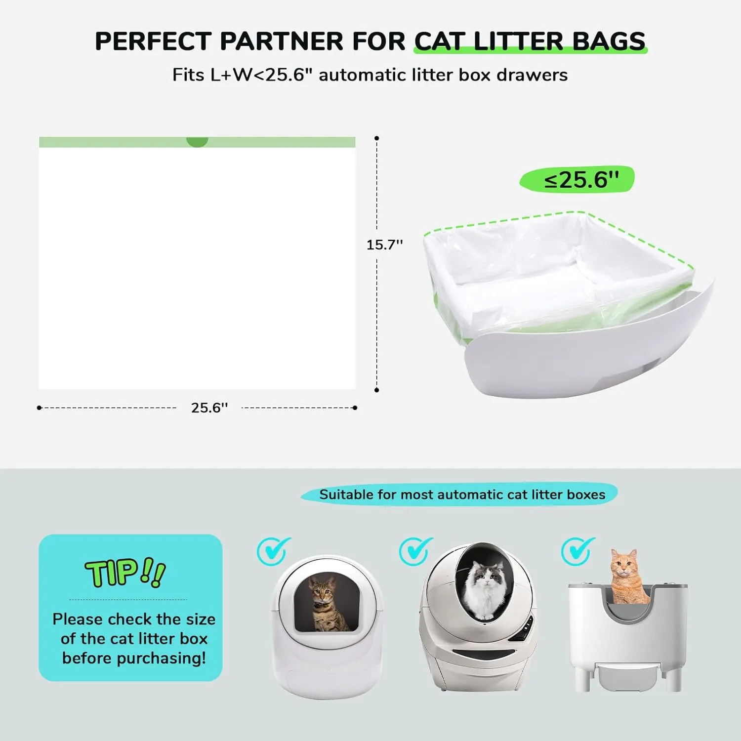 65 Count Drawstring Cat Litter Bags for Most Auto Self-Cleaning Litter Box, Extra Thick Pet Litter Drawer Liners Replacement, Durable Cat Waste Bags, Unscented, 25.6'' W x 15.7'' H