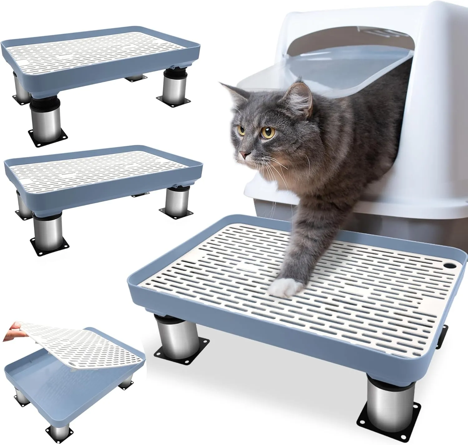 Adjustable Cat Litter Box Ramp with Filter Function,Stable Cat Elevated Step Double Layered Self-Cleaning Trapper Litter Ramp Box with Detachable Leg (14.6x10x2)