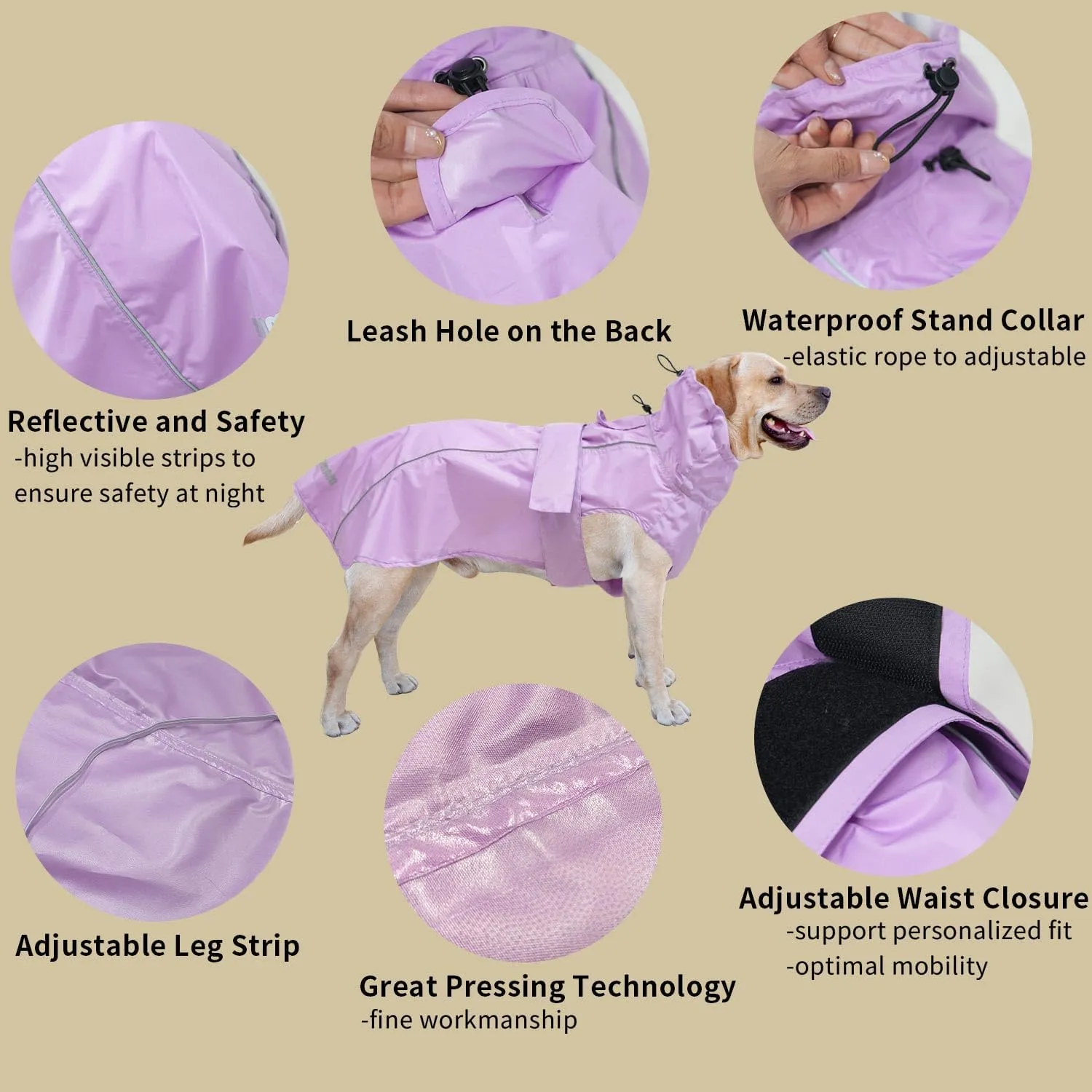 Adjustable Waterproof Dog Raincoat for Dogs,Lightweight Pet Rain Jacket Puppy Clothes with Reflective Strip for Small Medium Large Dogs (Light Purple, Large)