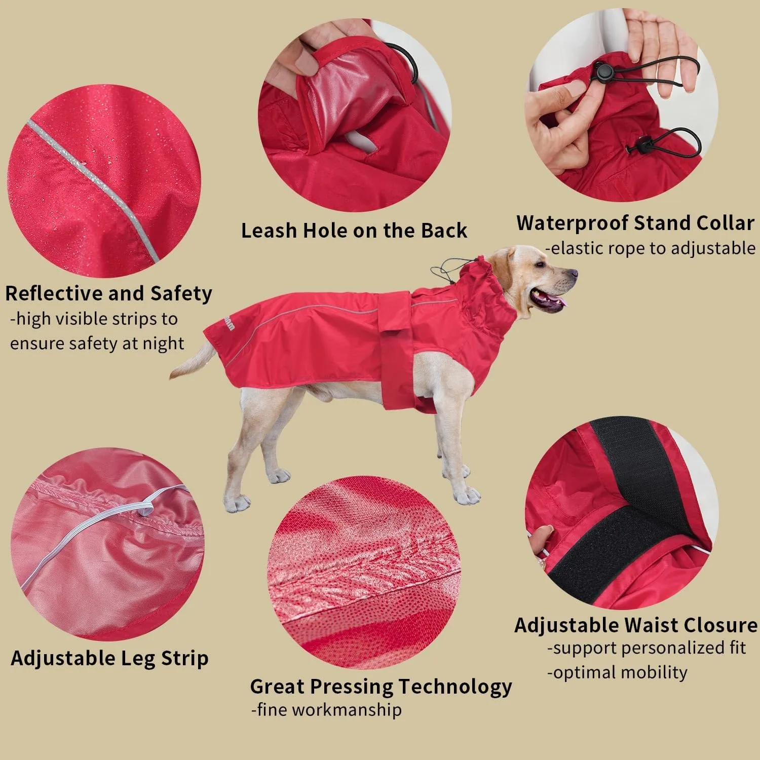 Adjustable Waterproof Dog Raincoat for Dogs,Lightweight Pet Rain Jacket Puppy Clothes with Reflective Strip for Small Medium Large Dogs (Red, Medium)