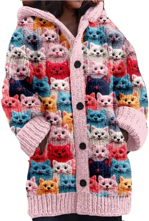 Aimery Cute Cat Pattern Knit Hooded Cardigan Cat Sweaters For Women Vintage Cat Cardigan For Women Lover Gift