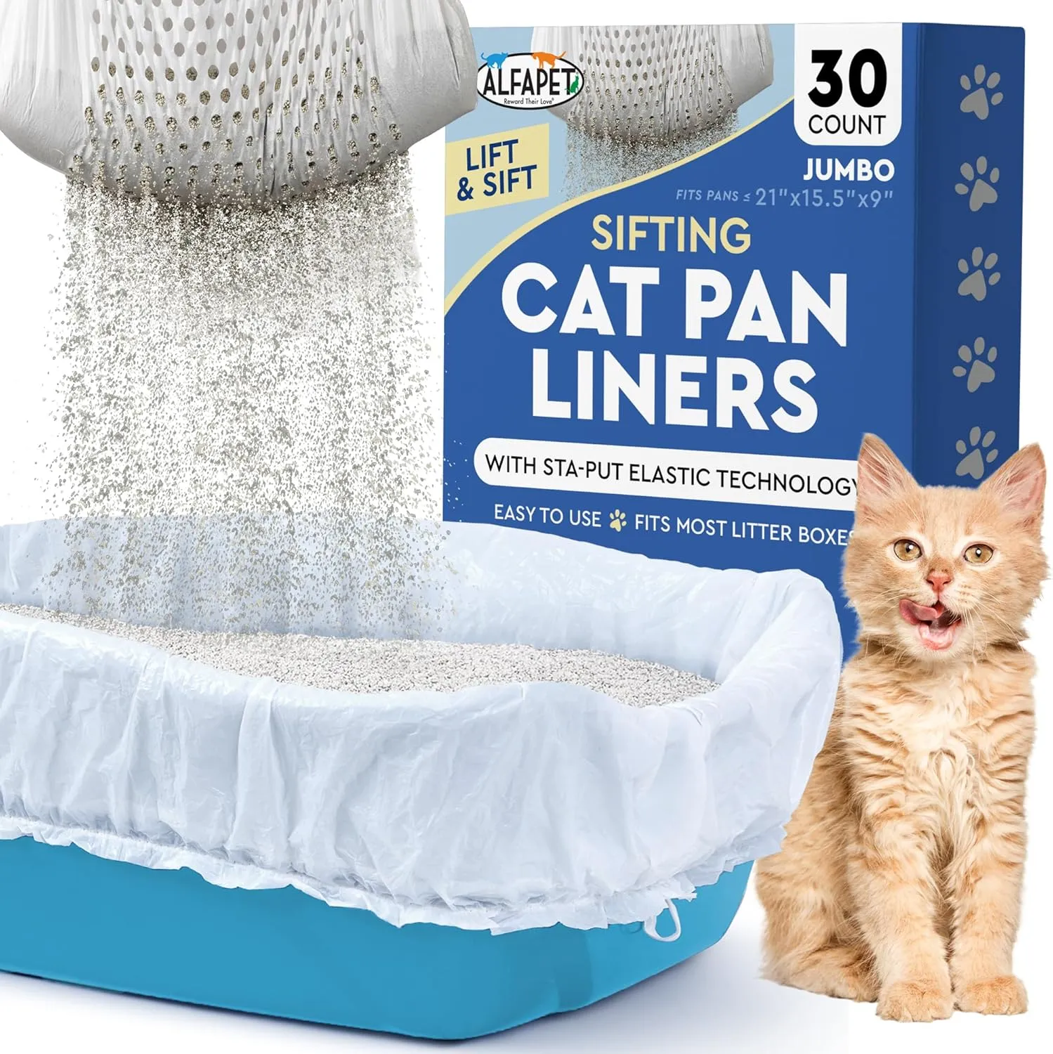 Alfapet Sifting Cat Litter Box Liners - Jumbo 30 Count, Tear-Resistant Cat Litter Bags, Waterproof Kitty Litter Liners, Fits Litterbox Pan Sizes X-Large, X-Giant, 37" x 18" 30 lb Capacity