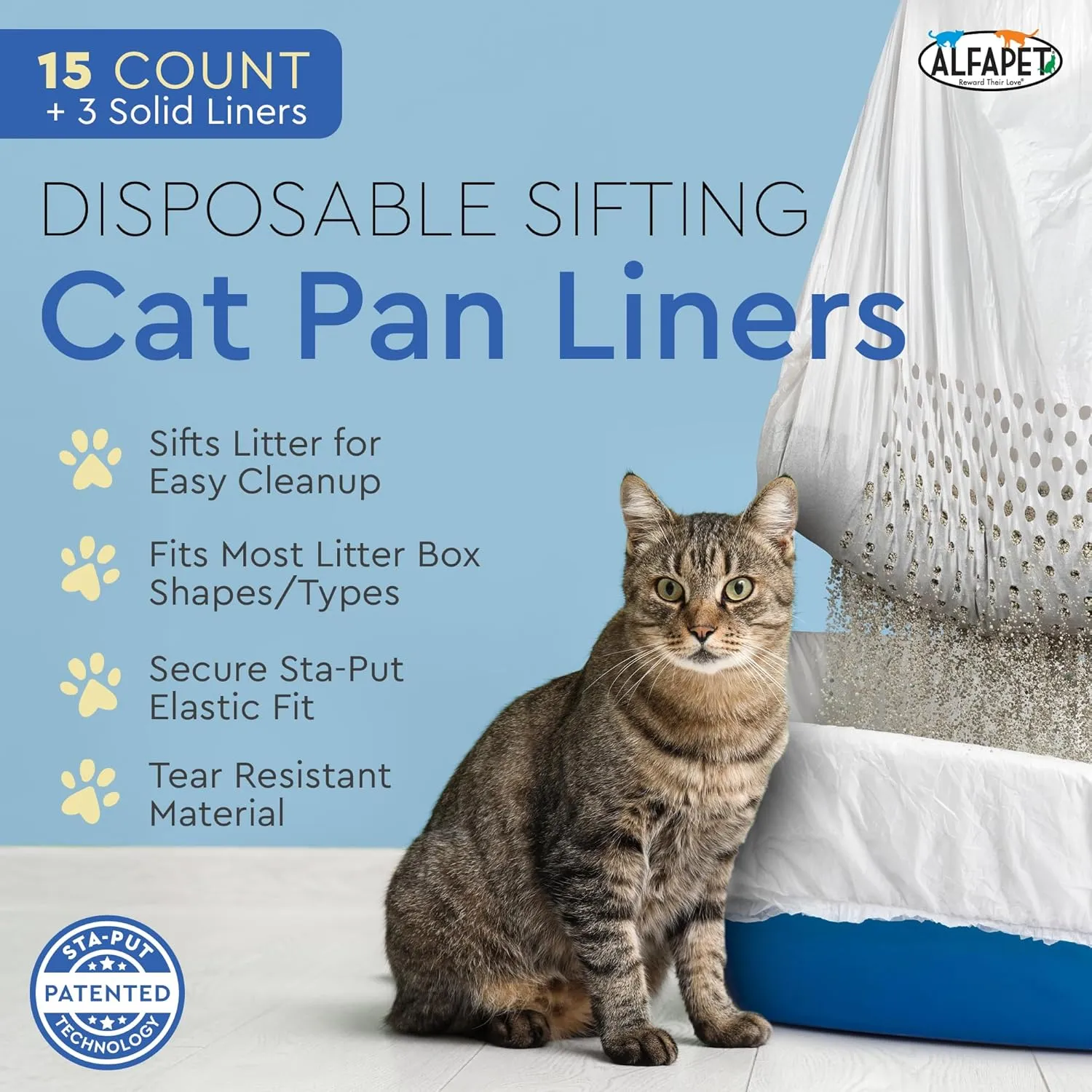 Alfapet Sifting Cat Litter Box Liners - Jumbo 30 Count, Tear-Resistant Cat Litter Bags, Waterproof Kitty Litter Liners, Fits Litterbox Pan Sizes X-Large, X-Giant, 37" x 18" 30 lb Capacity