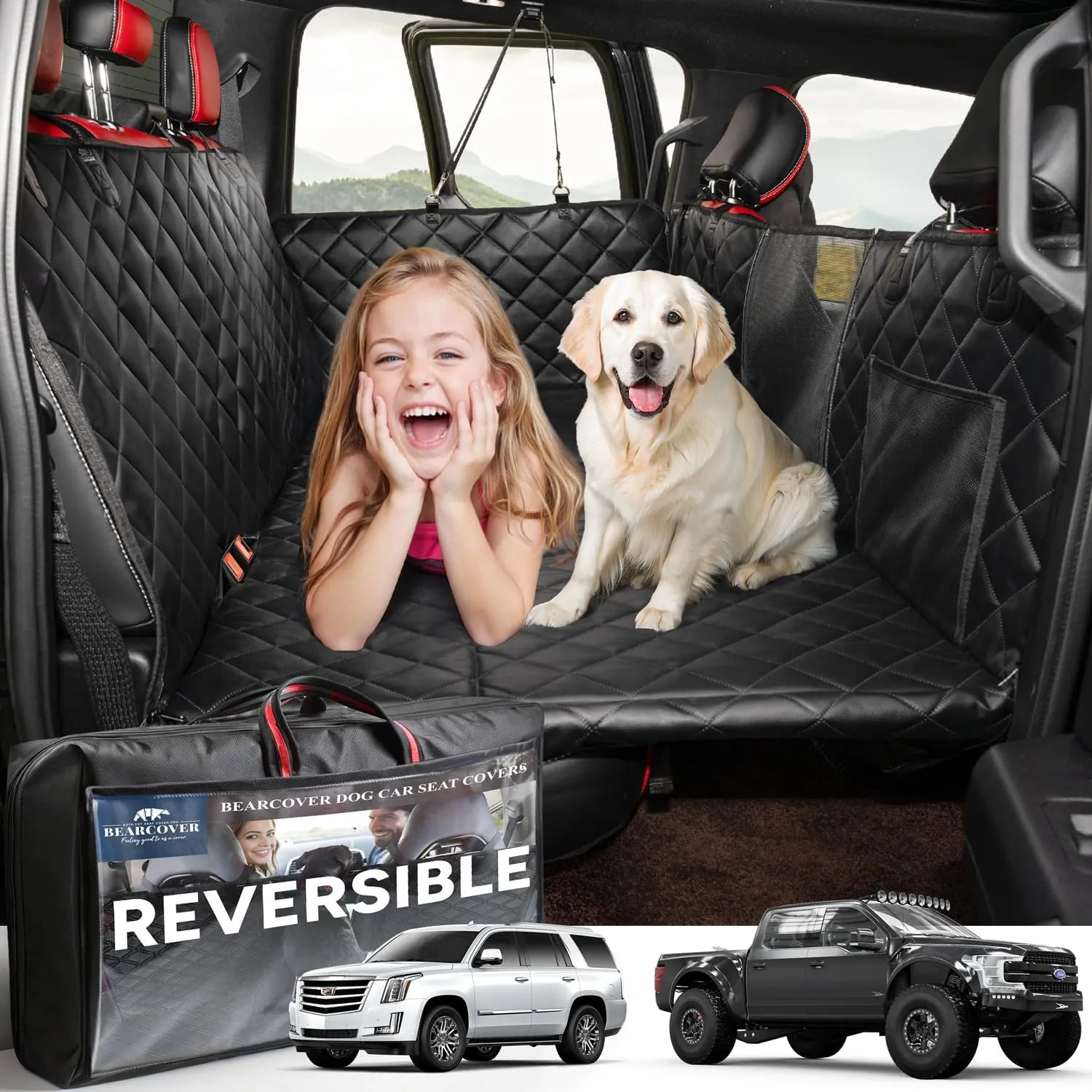 Back Seat Extender for Dogs, Waterproof Pet Car Seat Cover, XL Leather   Plush Rear Seat Protector with Hard Bottom, Non-Slip Extra Soft Dog Hammock for Cars,SUVs,Travel Bed (Black)