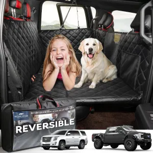 Back Seat Extender for Dogs, Waterproof Pet Car Seat Cover, XL Leather   Plush Rear Seat Protector with Hard Bottom, Non-Slip Extra Soft Dog Hammock for Cars,SUVs,Travel Bed (Black)