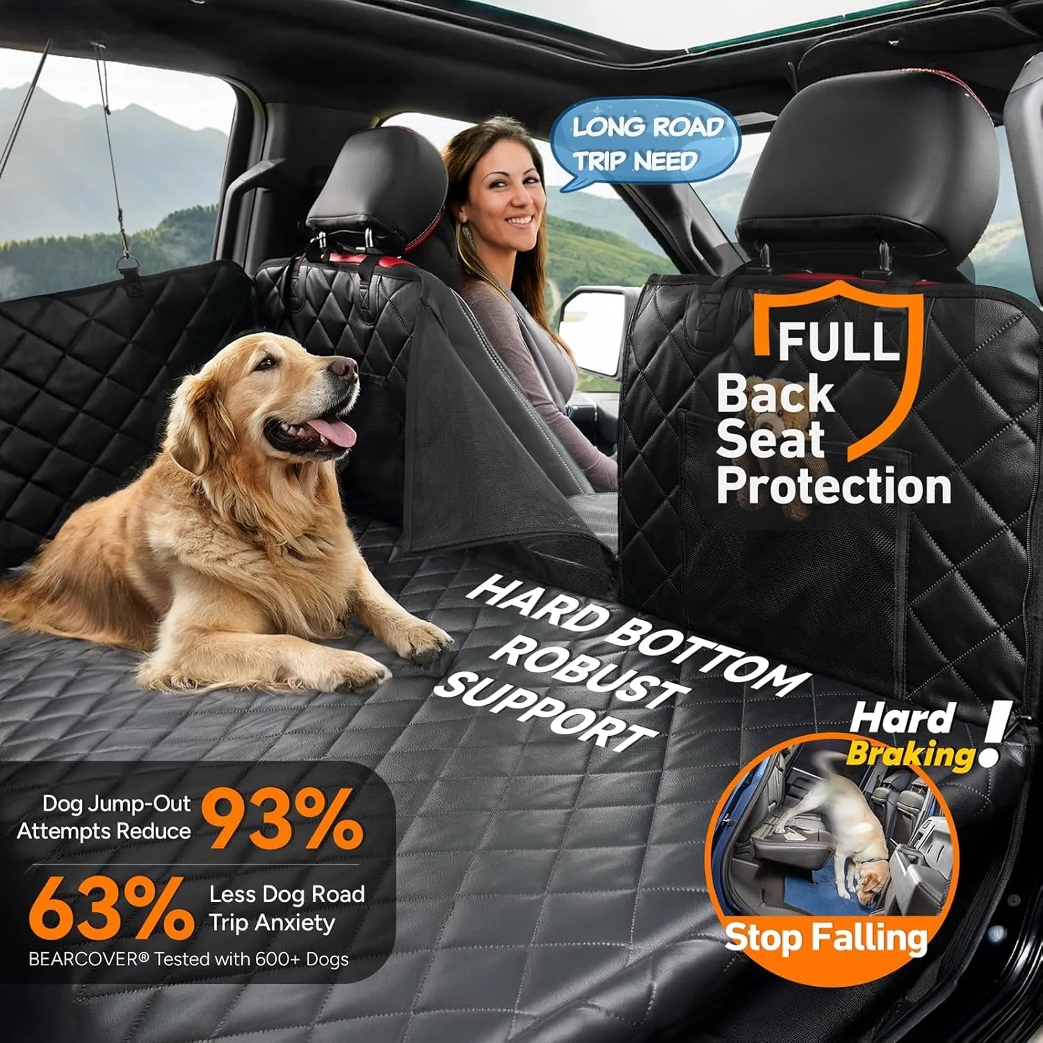 Back Seat Extender for Dogs, Waterproof Pet Car Seat Cover, XL Leather   Plush Rear Seat Protector with Hard Bottom, Non-Slip Extra Soft Dog Hammock for Cars,SUVs,Travel Bed (Black)