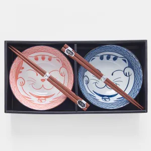 Bowl Set with Chopsticks 2pcs Red & Blue Cat Maneki Wave