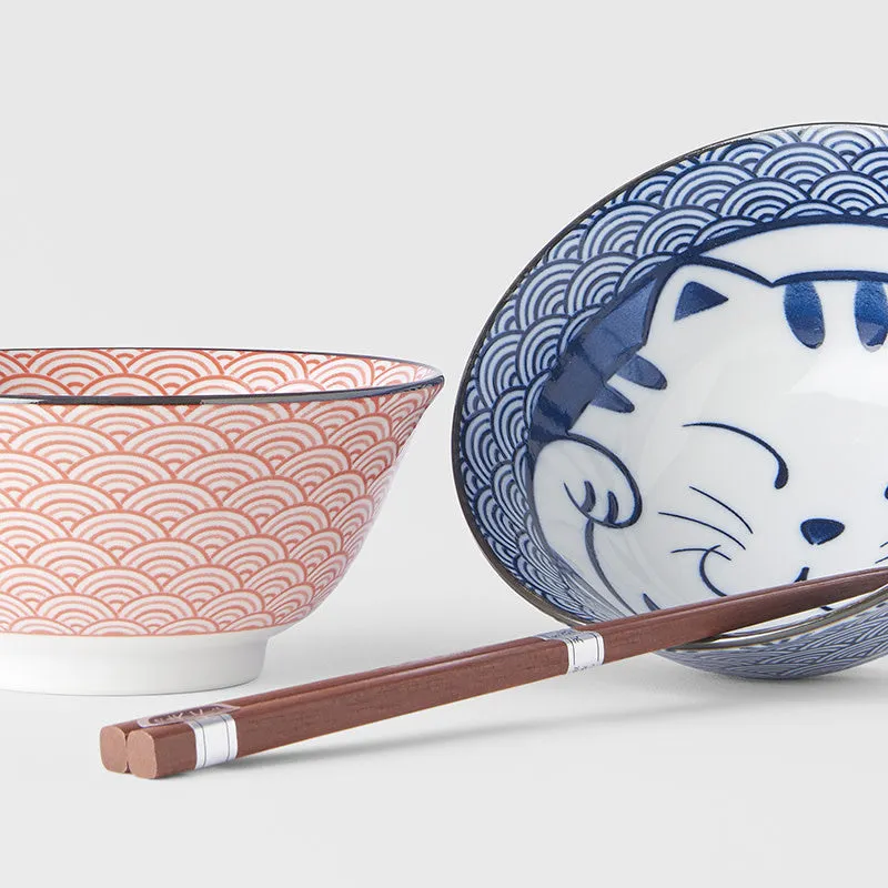 Bowl Set with Chopsticks 2pcs Red & Blue Cat Maneki Wave
