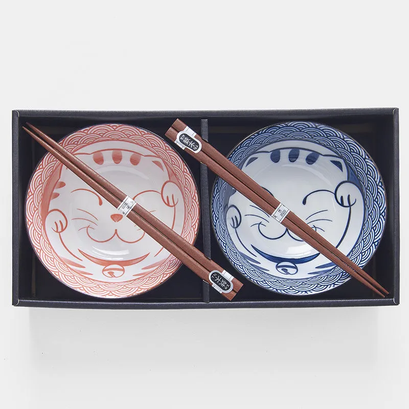 Bowl Set with Chopsticks 2pcs Red & Blue Cat Maneki Wave