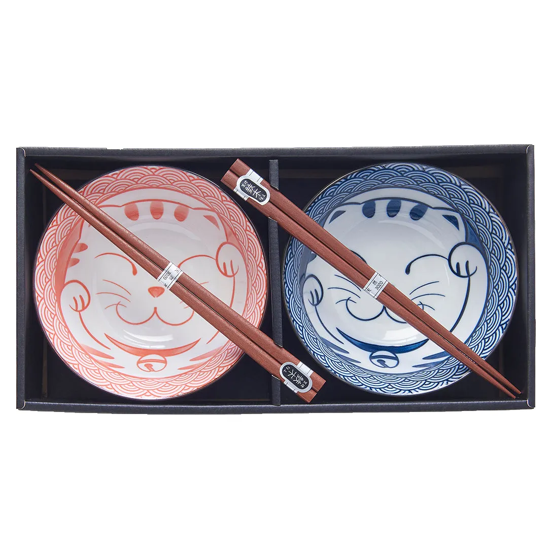 Bowl Set with Chopsticks 2pcs Red & Blue Cat Maneki Wave