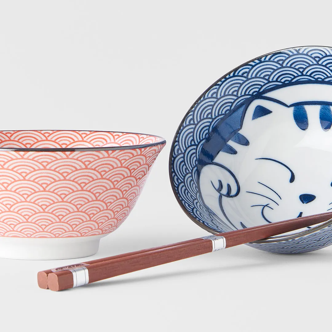 Bowl Set with Chopsticks 2pcs Red & Blue Cat Maneki Wave