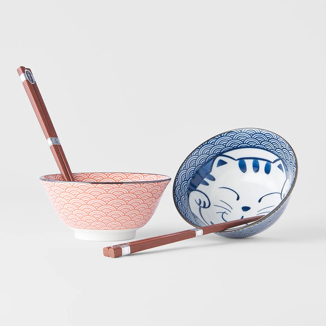 Bowl Set with Chopsticks 2pcs Red & Blue Cat Maneki Wave