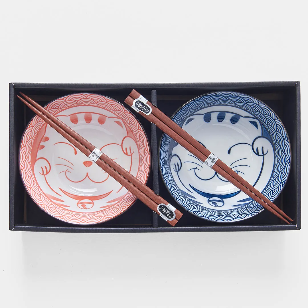 Bowl Set with Chopsticks 2pcs Red & Blue Cat Maneki Wave