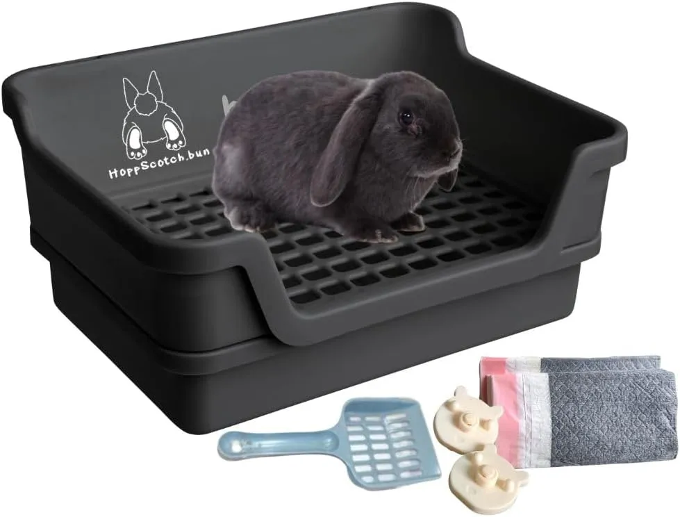 Bumbox Rabbit Large Litter Box, Training Rabbit Cage with Toilet Tray for Adult Hamster, Bunny, Ferret, Small and Large Animal, 15.75 Inches (Black)