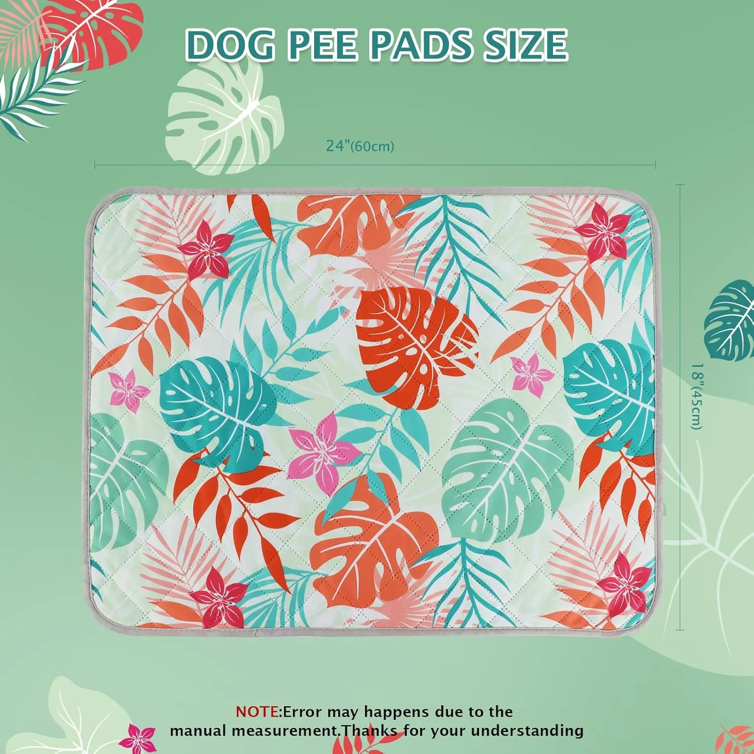 BVAGSS Washable Pee Pads for Dogs, 2 Pack Reusable Leakproof Puppy Wee Wee Pad, Non-Slip Waterproof Pet Training Pads, Super Absorbent Whelping Pads XH081 (Green Palm Leaves, 24X18 Inch (Pack of 2))