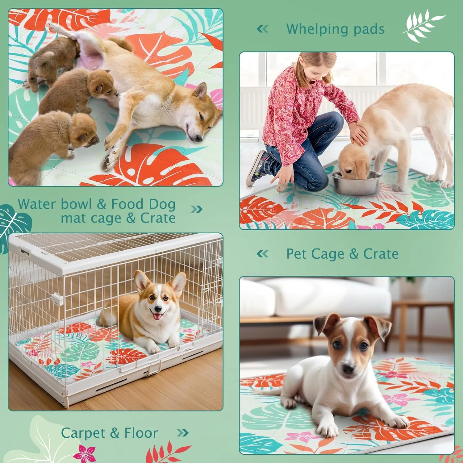 BVAGSS Washable Pee Pads for Dogs, 2 Pack Reusable Leakproof Puppy Wee Wee Pad, Non-Slip Waterproof Pet Training Pads, Super Absorbent Whelping Pads XH081 (Green Palm Leaves, 24X18 Inch (Pack of 2))