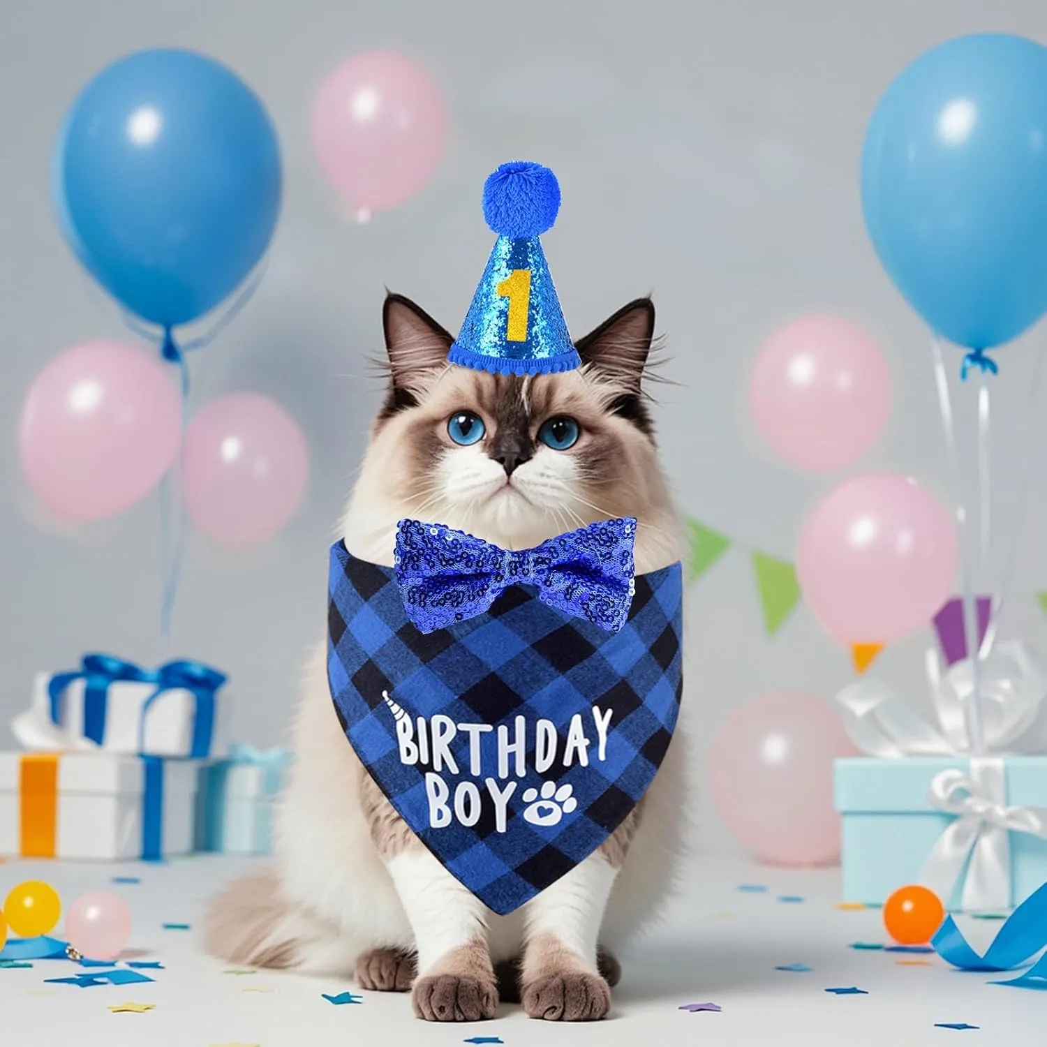 Cat Birthday Party Supplies, Cat Kitten Birthday Bandana Hat Numbers Bowtie for Cats Birthday Party Decorations