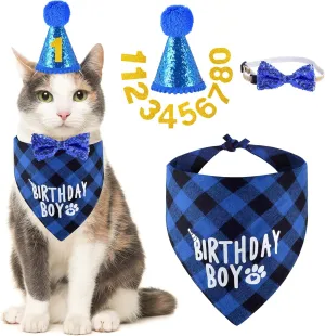 Cat Birthday Party Supplies, Cat Kitten Birthday Bandana Hat Numbers Bowtie for Cats Birthday Party Decorations