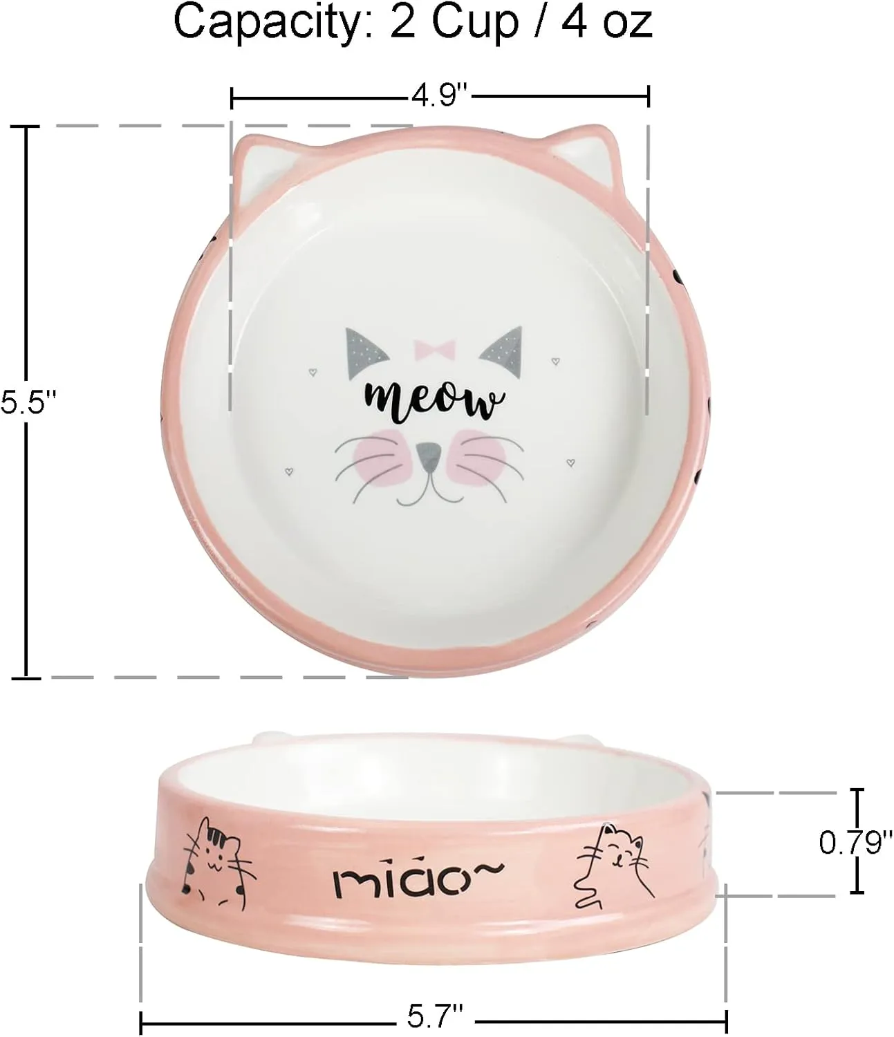 Cat Food Bowls Ceramic Shallow Whisker Friendly Cat Dishes Bowls 5 Inch Feeding Wide Food Water Bowls Pet Plate for Cat and Puppy,Dishwasher Safe (Pink)