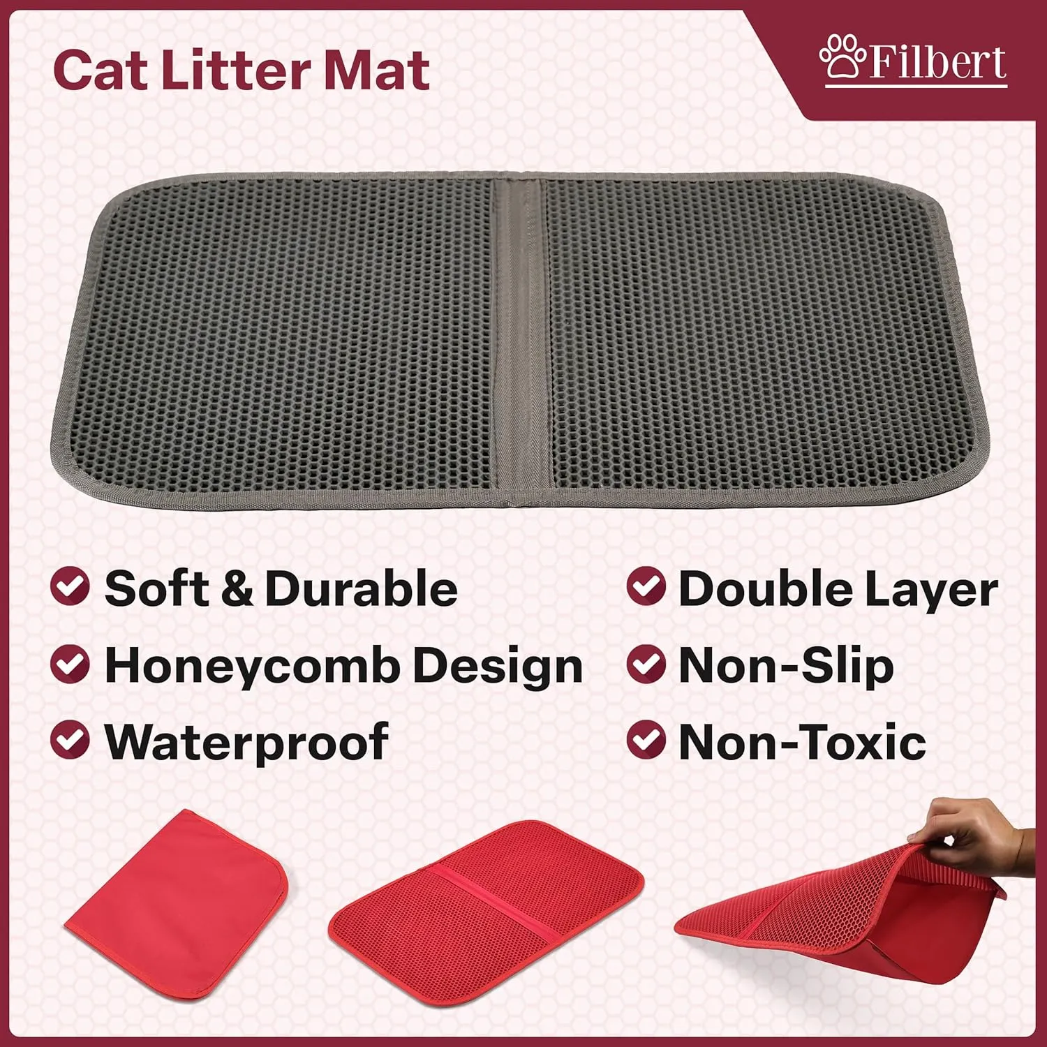 Cat Litter Mat, Foldable Cat Litter Mat, 23.6"x 14.8", Honeycomb Design, Skid-Proof, Water-Proof, Double Layer, Easy to Clean, Less Waste, Black