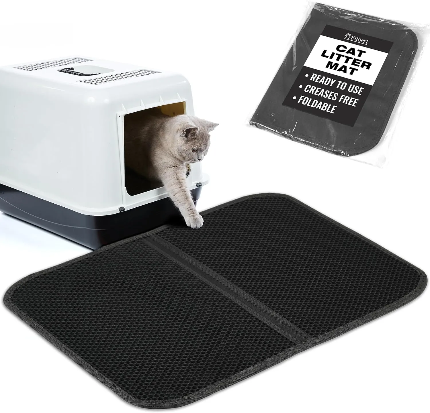 Cat Litter Mat, Foldable Cat Litter Mat, 23.6"x 14.8", Honeycomb Design, Skid-Proof, Water-Proof, Double Layer, Easy to Clean, Less Waste, Black