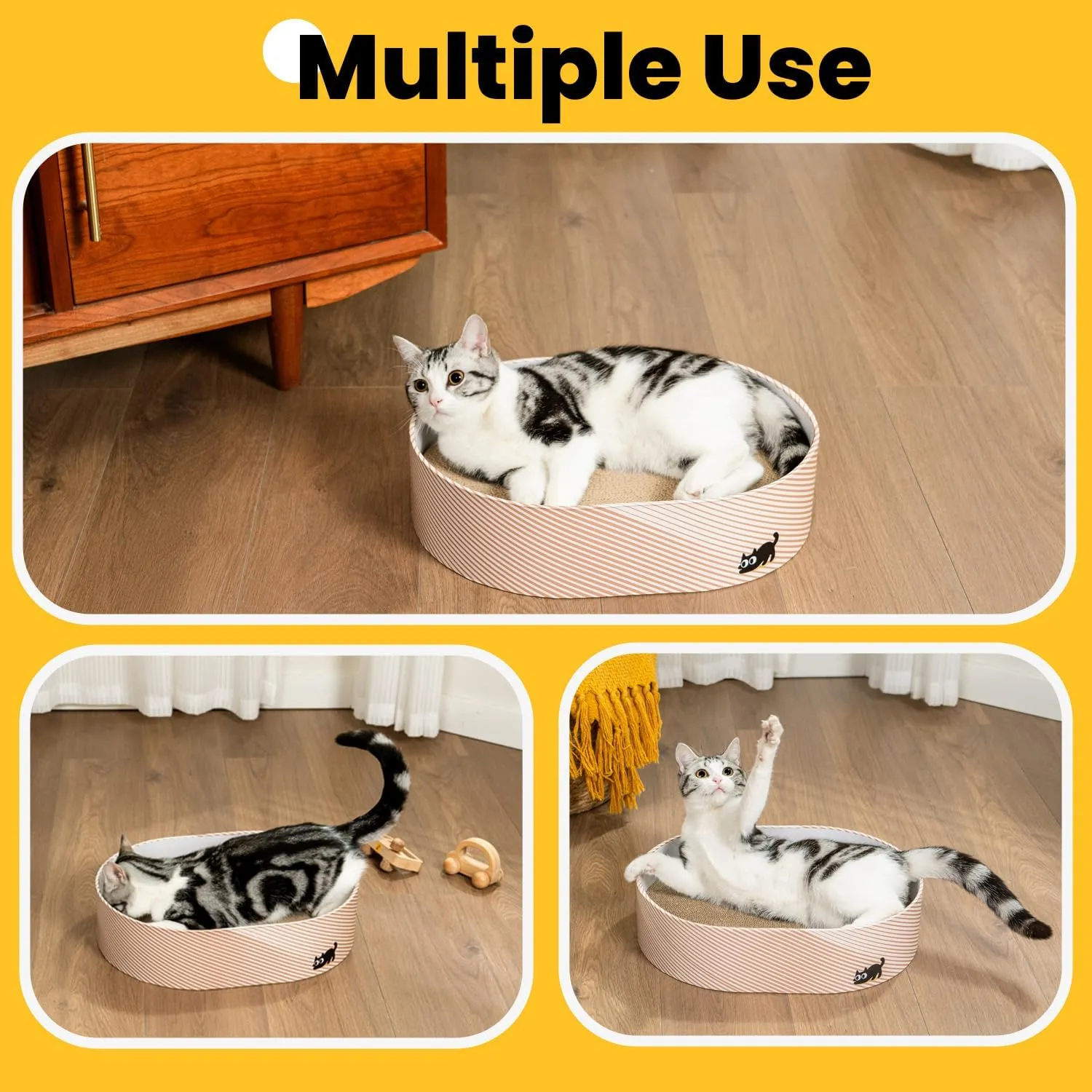Cat Scratcher Box with 4 Cat Scratching Board Reversible Scratch Pad, Heavy Duty Corrugated Cardboard Pet Bed Lounger Kitty Scratchers for Indoor, Protects Furniture,Kittens Gifts-Large
