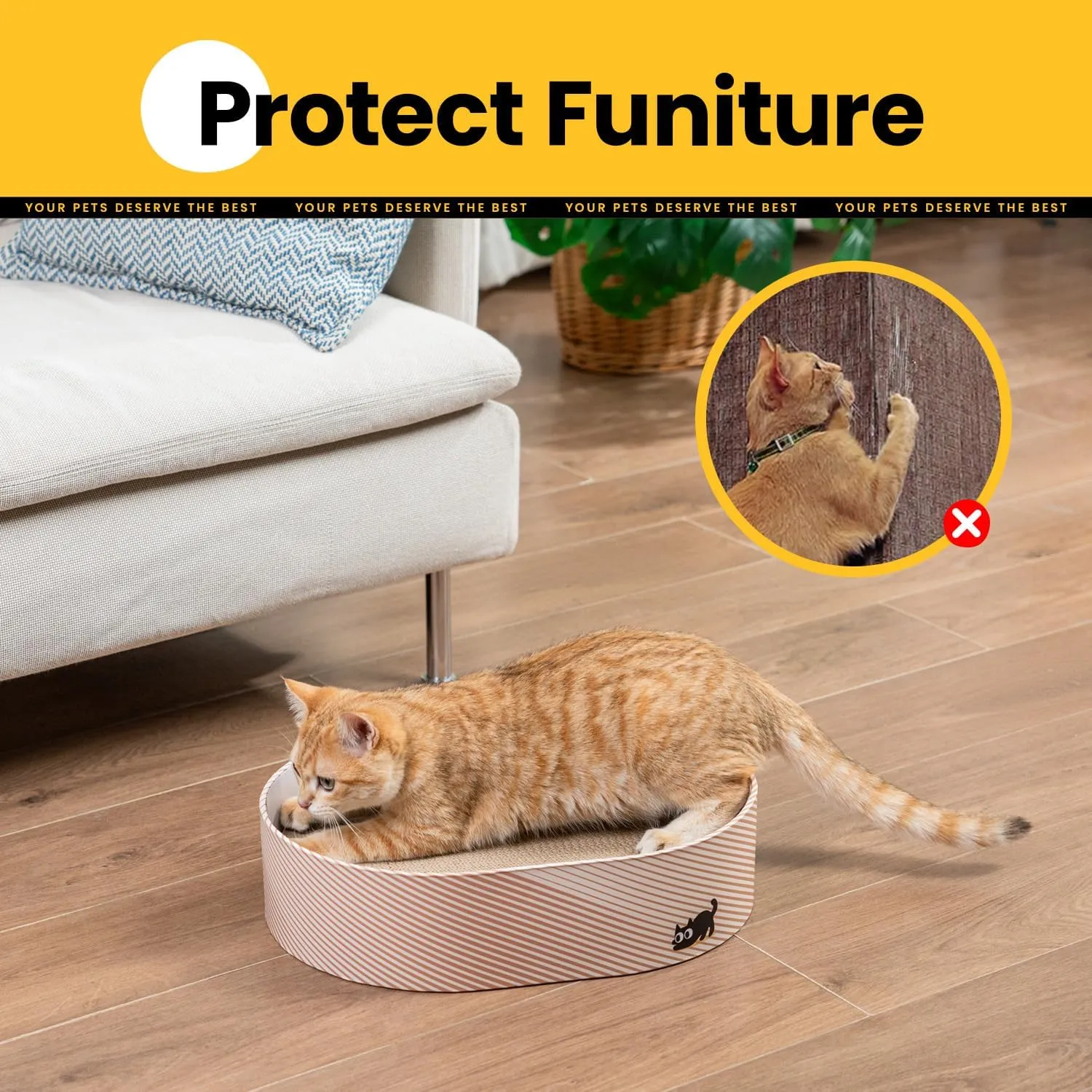 Cat Scratcher Box with 4 Cat Scratching Board Reversible Scratch Pad, Heavy Duty Corrugated Cardboard Pet Bed Lounger Kitty Scratchers for Indoor, Protects Furniture,Kittens Gifts-Large