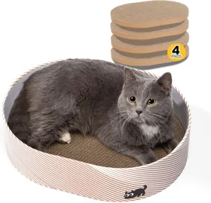 Cat Scratcher Box with 4 Cat Scratching Board Reversible Scratch Pad, Heavy Duty Corrugated Cardboard Pet Bed Lounger Kitty Scratchers for Indoor, Protects Furniture,Kittens Gifts-Large