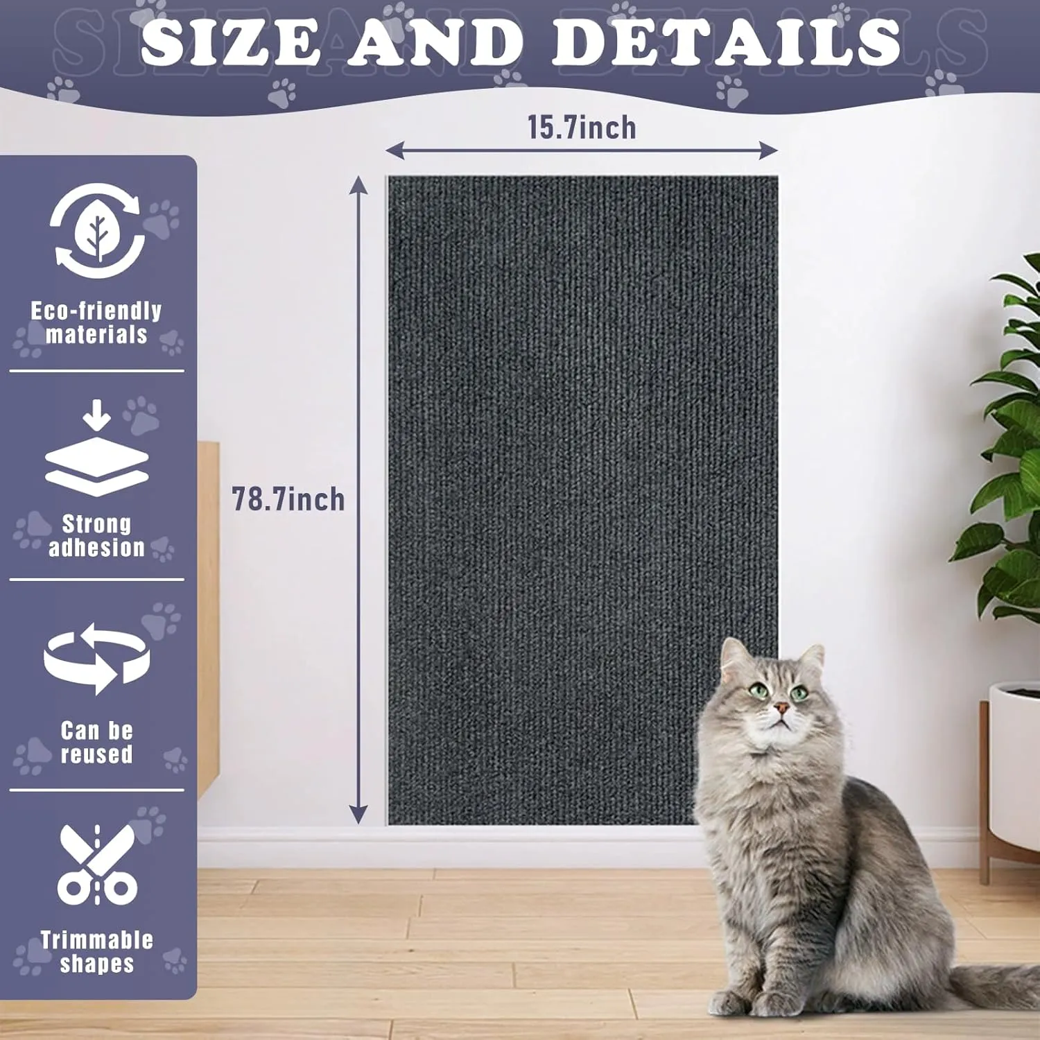 Cat Scratching Furniture Protector Self Adhesive Trimmable Protective Sofa Carpet Leather Furniture Pad Replacement for Cat Tree Shelves DIY Pet Scratch Protector (Dark Grey, 15.7"x78.7")