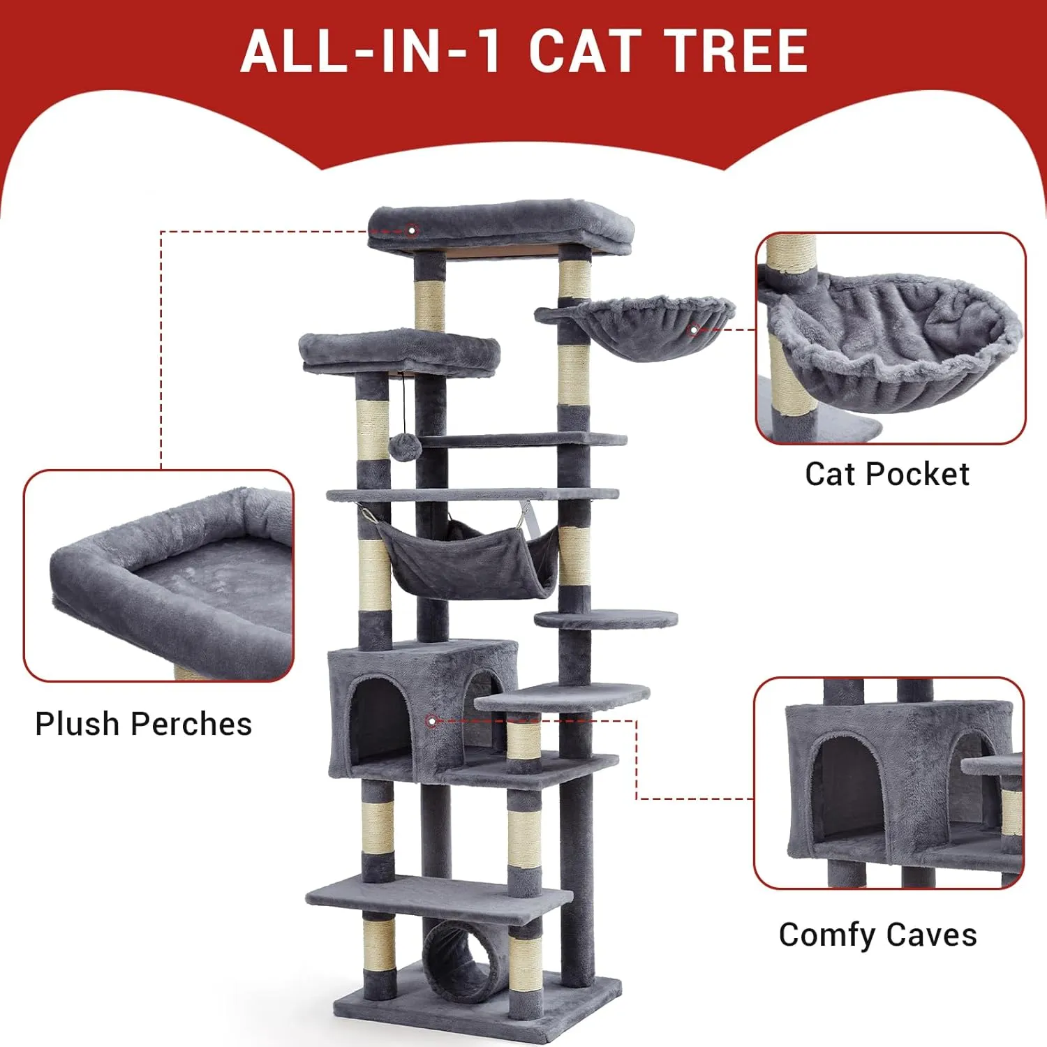 Cat Tree for Large Cats 67 Inches,Multi-Level Cat Tower with Scratching Posts, Condo, Perches, Hammock, Tunnel & Feeding Station,Dark Gray