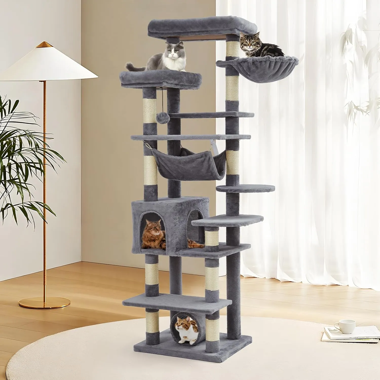 Cat Tree for Large Cats 67 Inches,Multi-Level Cat Tower with Scratching Posts, Condo, Perches, Hammock, Tunnel & Feeding Station,Dark Gray