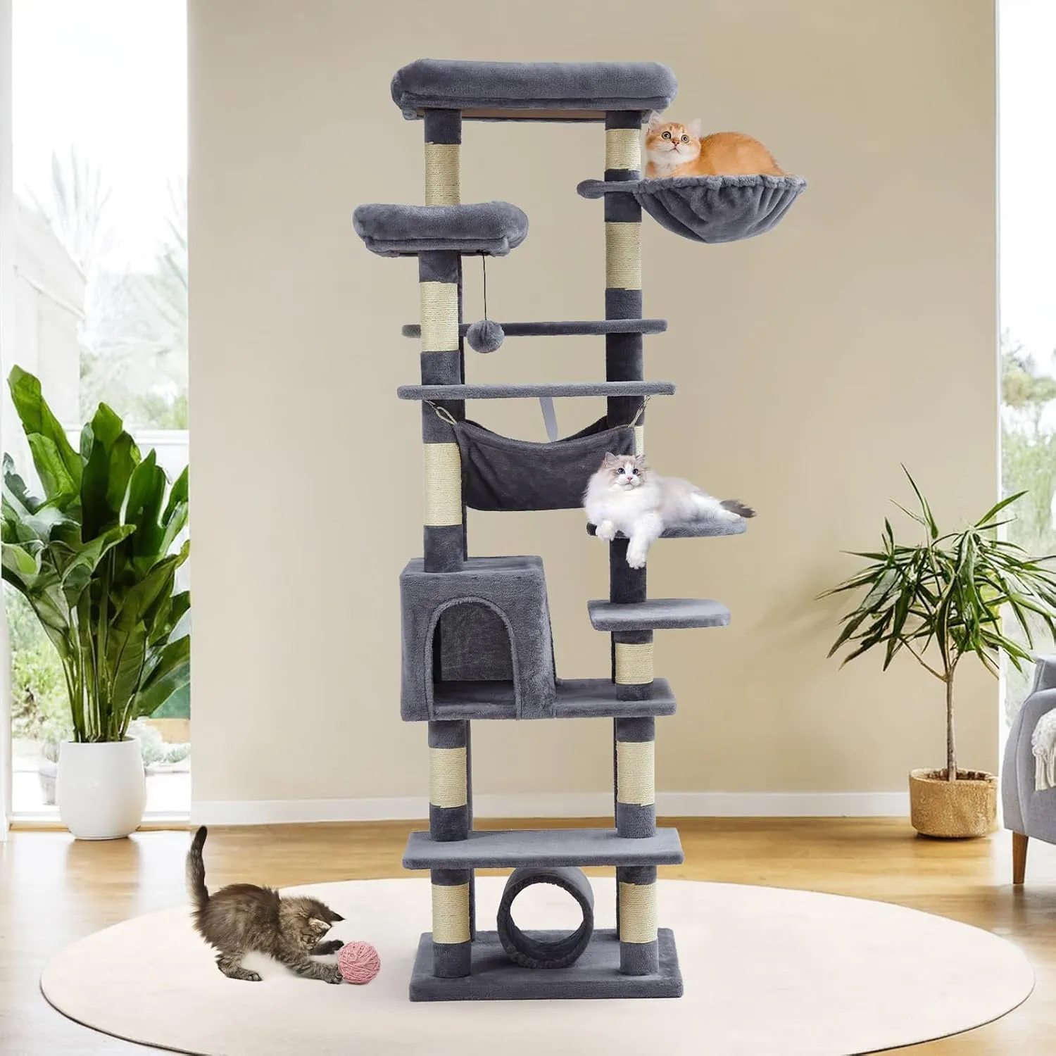 Cat Tree for Large Cats 67 Inches,Multi-Level Cat Tower with Scratching Posts, Condo, Perches, Hammock, Tunnel & Feeding Station,Dark Gray