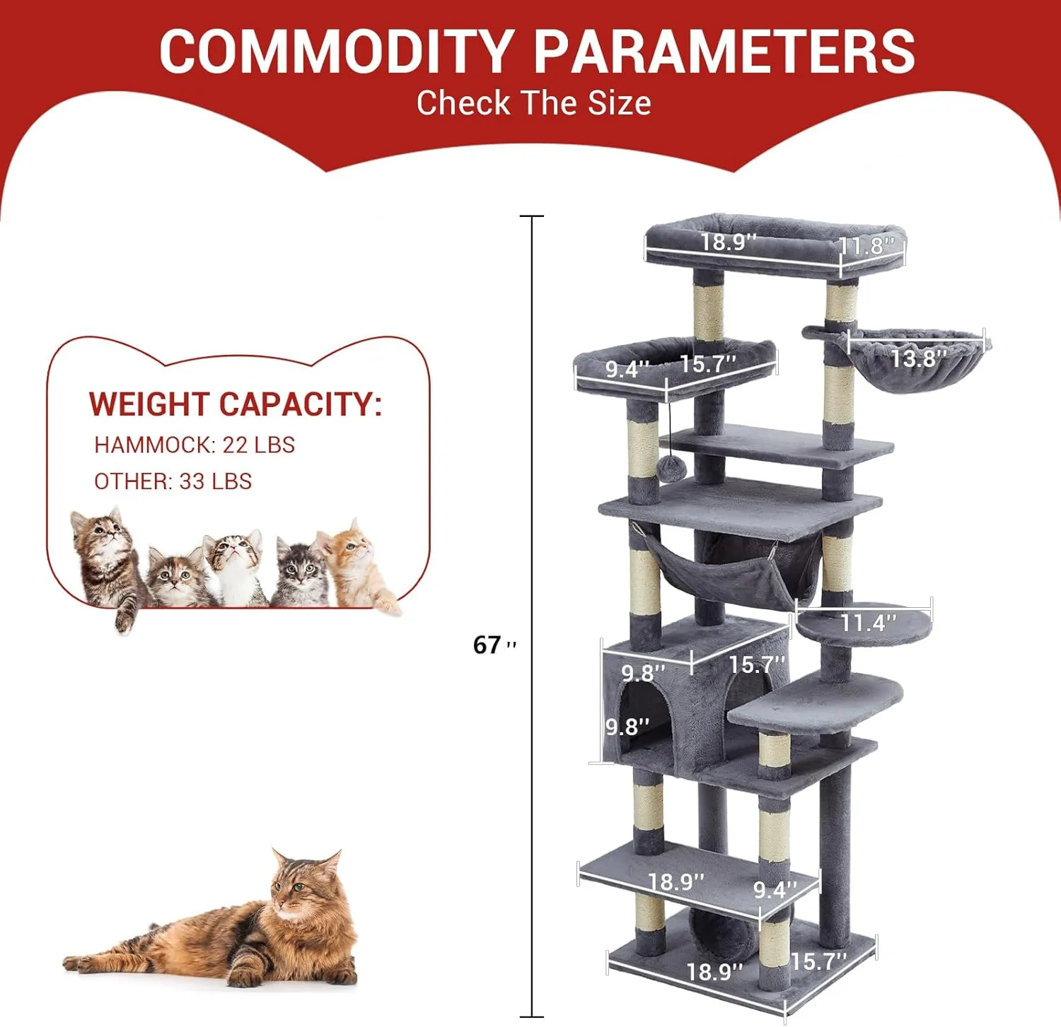 Cat Tree for Large Cats 67 Inches,Multi-Level Cat Tower with Scratching Posts, Condo, Perches, Hammock, Tunnel & Feeding Station,Dark Gray