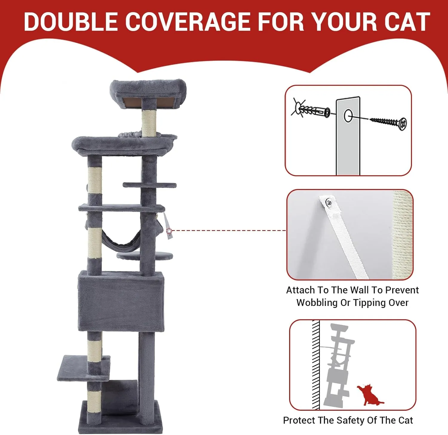 Cat Tree for Large Cats 67 Inches,Multi-Level Cat Tower with Scratching Posts, Condo, Perches, Hammock, Tunnel & Feeding Station,Dark Gray