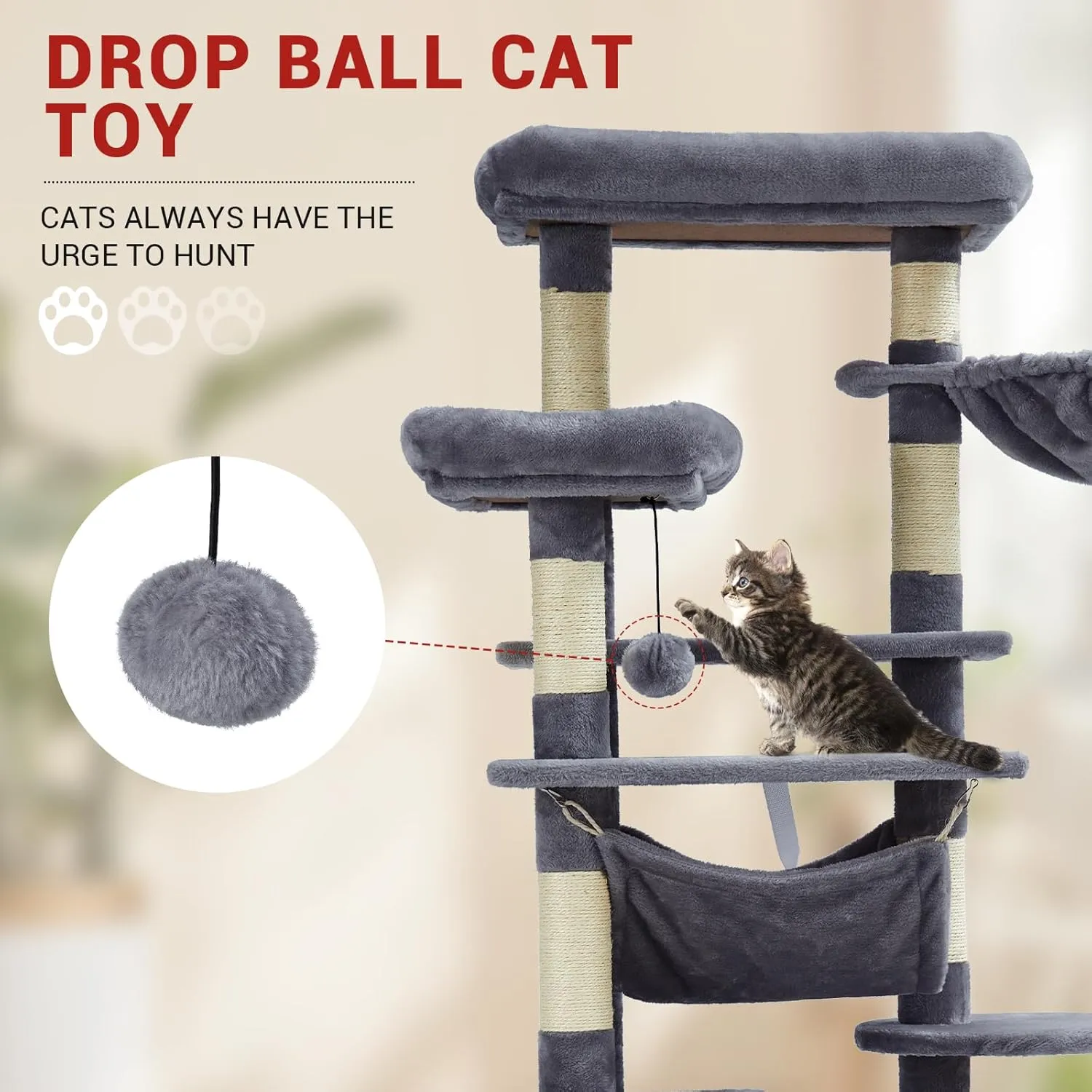 Cat Tree for Large Cats 67 Inches,Multi-Level Cat Tower with Scratching Posts, Condo, Perches, Hammock, Tunnel & Feeding Station,Dark Gray