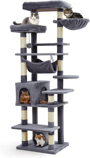 Cat Tree for Large Cats 67 Inches,Multi-Level Cat Tower with Scratching Posts, Condo, Perches, Hammock, Tunnel & Feeding Station,Dark Gray