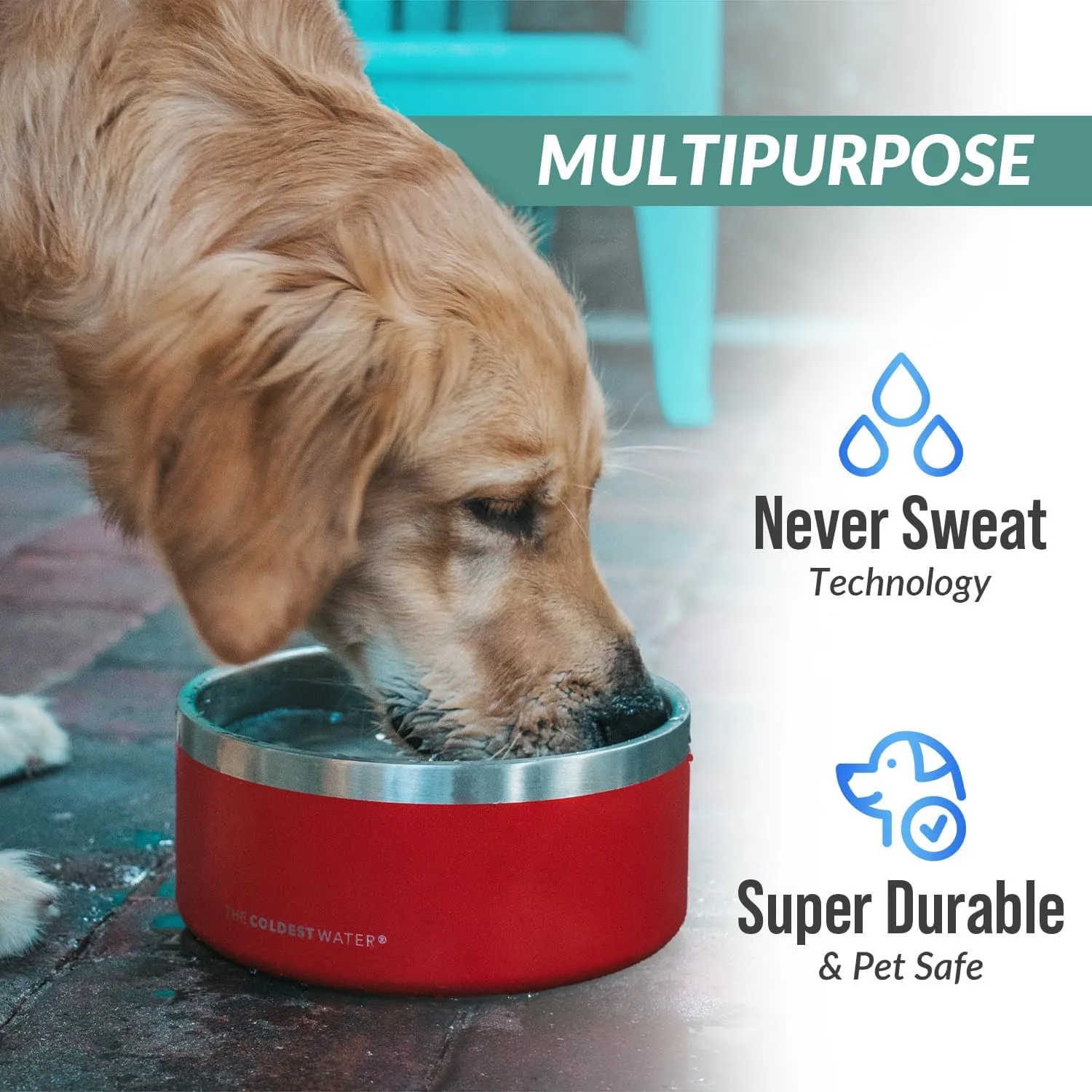 Coldest Dog Bowl - Anti Rust Metal, Non Slip, 3 Layers Insulated Stainless Steel Dog Bowls - Spill Proof & Heavy Duty - Water Bowl for Dogs, Cats & Pets, Dish Washer Safe (64 oz, Crimson Red)