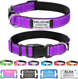 Custom Dog Collars with Name Plate, Engraved Name Plate ID Tags with Reflective Nylon Dog Collar,Soft Neoprene Padded Adjustable Pet Collar for Small Medium Large Dogs,M Purple