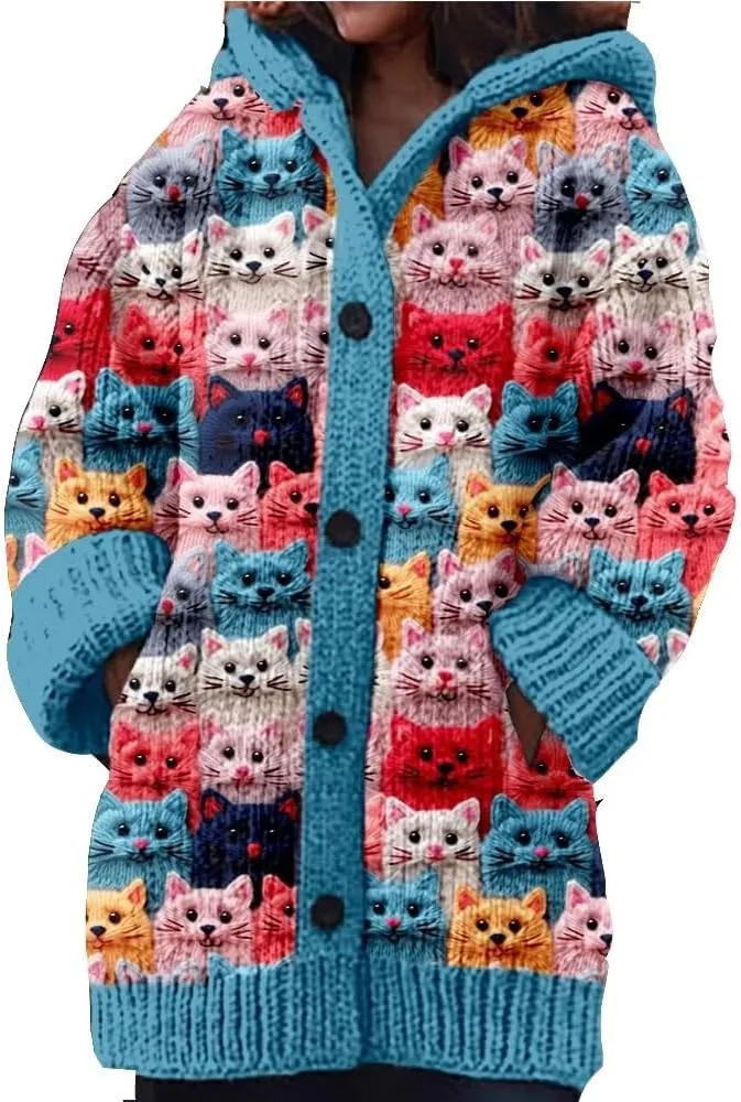 Cute Cat Pattern Knit Hooded Cardigan Cat Sweaters for Women Hooded Cardigan for Women Cat Lover Gift