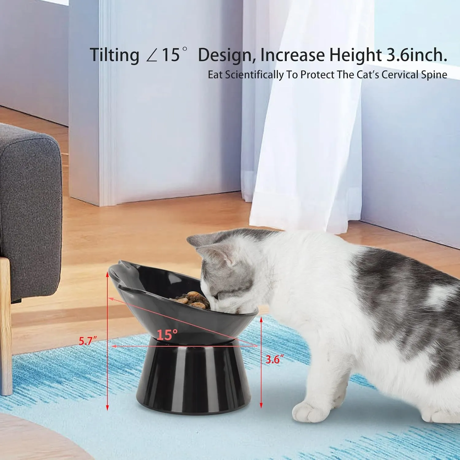 Detachable Elevated Cat Bowls, 15 Tilted Raised Cat Food Bowl Anti-Vomiting,Whisker Friendly, Adjustable Cat Dishes for Protecting Spine,Adult Kitten