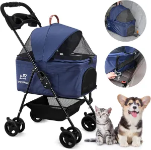 Dog Cat Pet Gear 3-in-1 Foldable Pet Stroller Detachable Carrier, Car Seat and Stroller with Push Button Entry for Small Pets (Navy Blue)