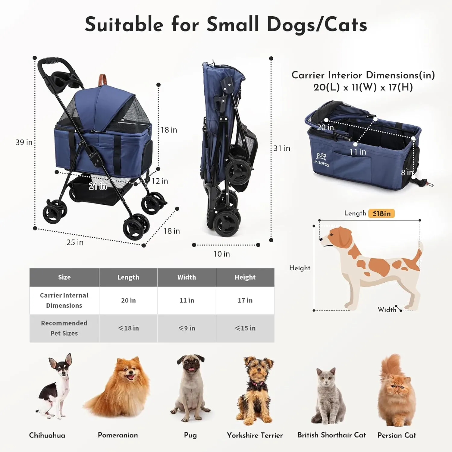 Dog Cat Pet Gear 3-in-1 Foldable Pet Stroller Detachable Carrier, Car Seat and Stroller with Push Button Entry for Small Pets (Navy Blue)