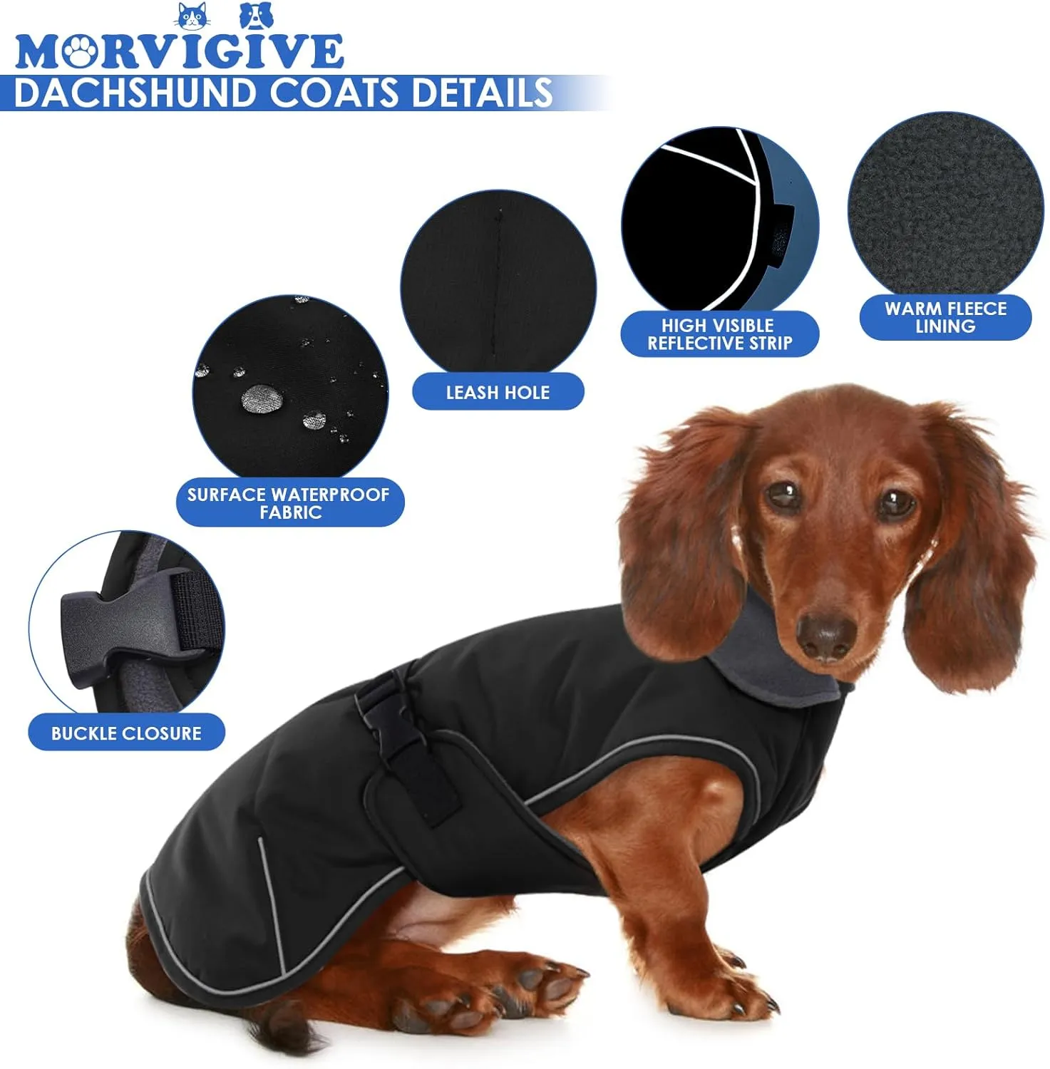 Dog Coat - Perfect for Dachshunds, Black, Large - Waterproof Winter Coat with Fleece Lining, Built-in Harness, Adjustable Closure