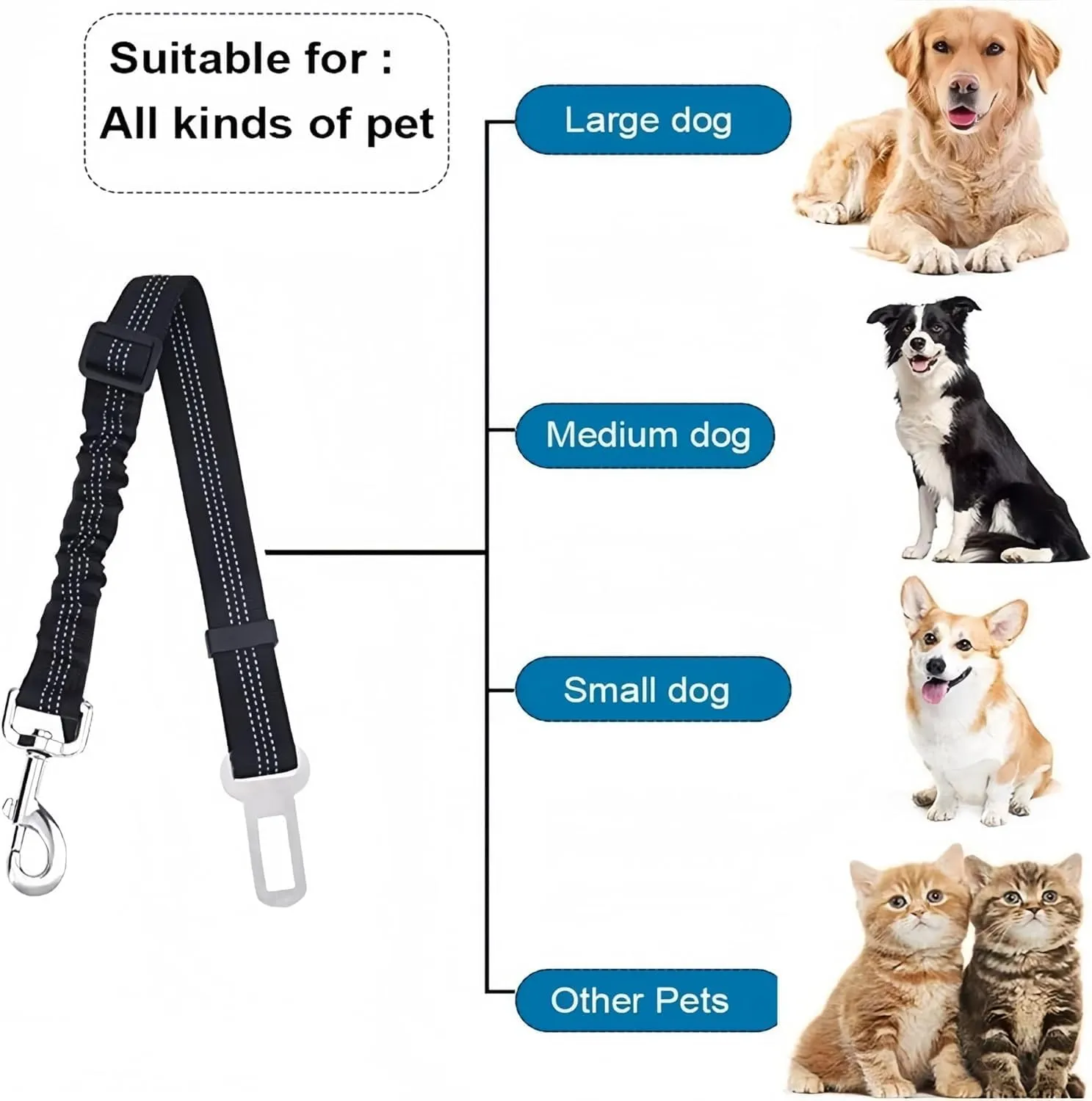 Dog Seat Belt for Car  Adjustable Safety Tether for Dogs, Secure Leash for Large and Small Breeds, Compatible with Car Seat Belt Buckle (Blue)