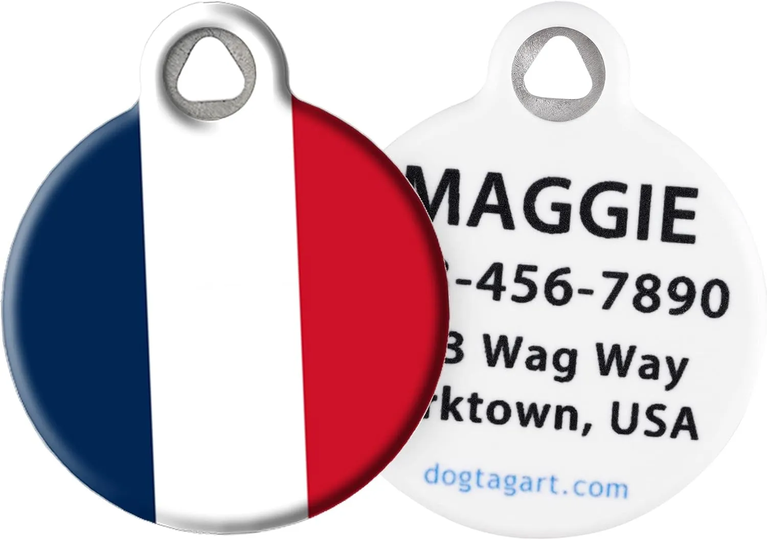 Dog Tag Art French Flag Personalized Pet ID Tag for Dogs and Cats, Silent Polymer Coated Stainless Steel France National Flag Nametag with Customized Identification Information - Large 1.25" Diameter