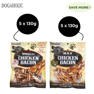 Dogaholic Max Barbeque Chicken Bacon and Noodles Smoked Chicken Bacon Strips Dog Treats Combo (5 5)