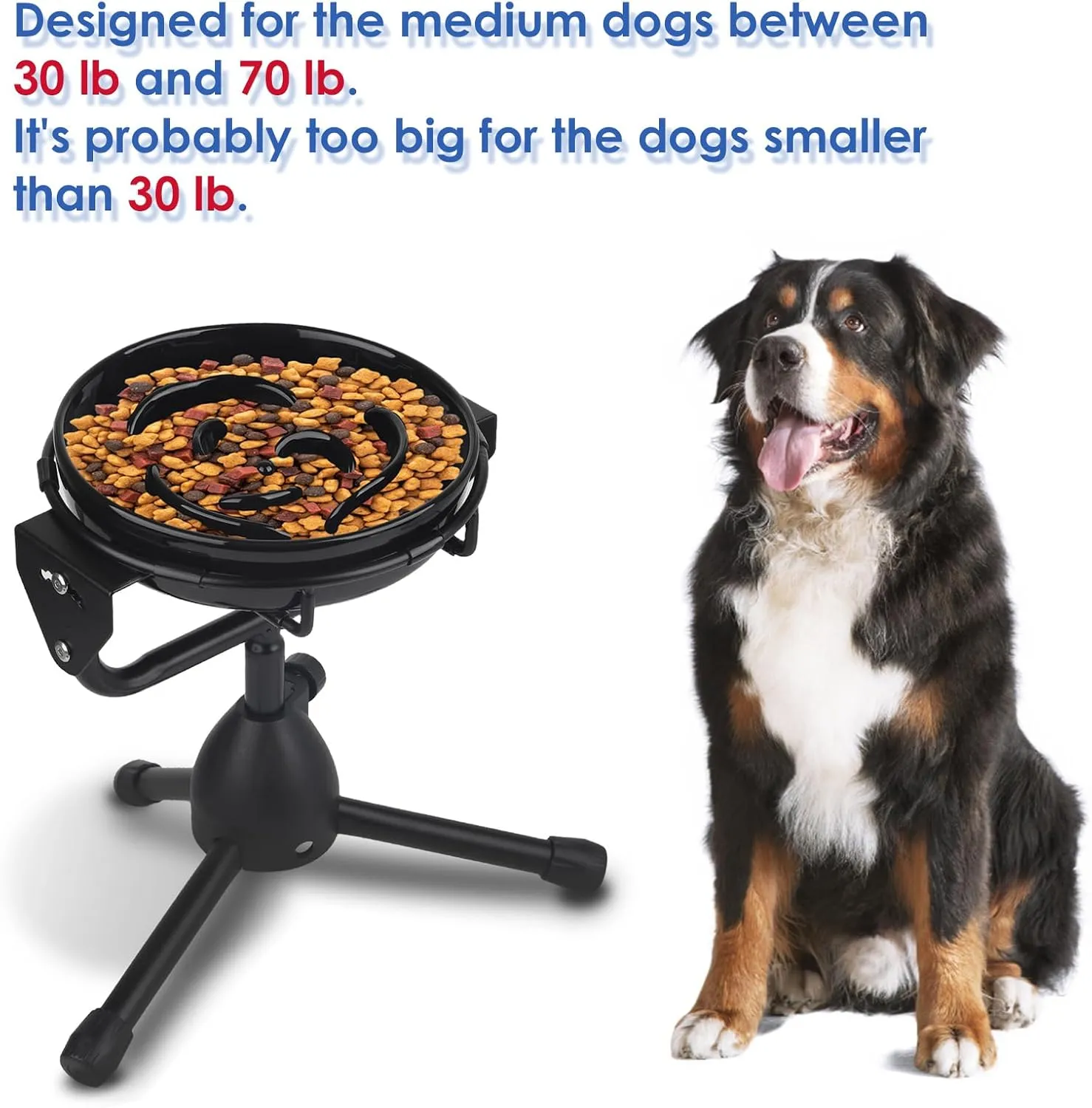 Elevated Slow Feeder Dog Bowl with Adjustable Stand, Height Adjustable Non-Slip Raised Dog Food Bowl for 30-70 lbs Dogs (Black)