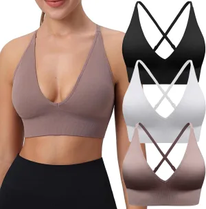 Evercute Women's Sports Bras Adjustable Deep V Neck Bras Wireless Spaghetti Strap Criss Cross Padded Low Support Sexy Bras